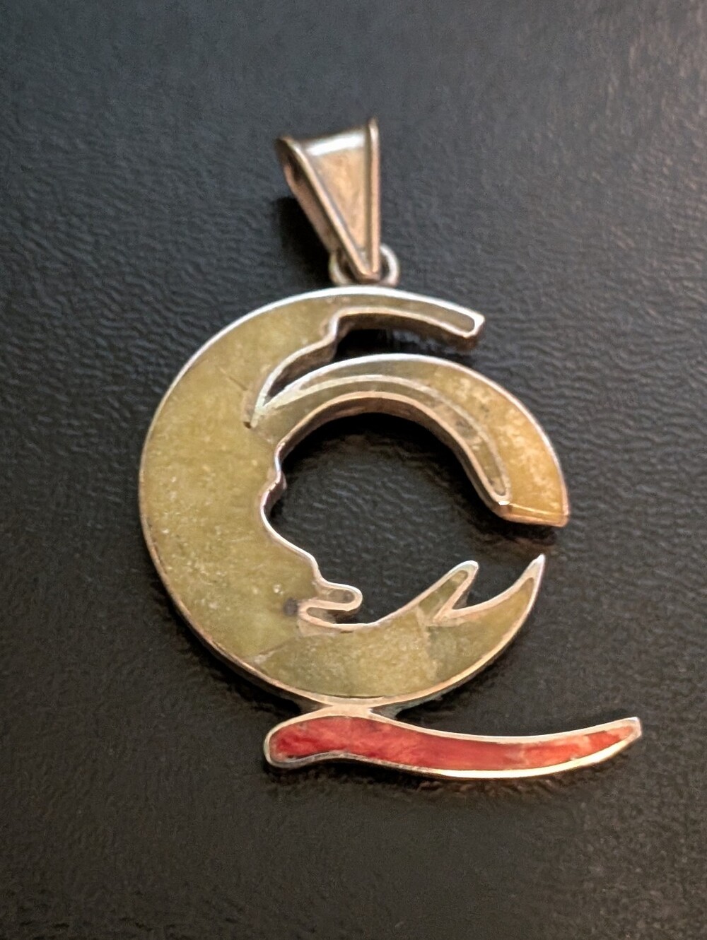 Vintage 950 Fine Silver Abstract Inlay Crescent Wave Moon Pendant